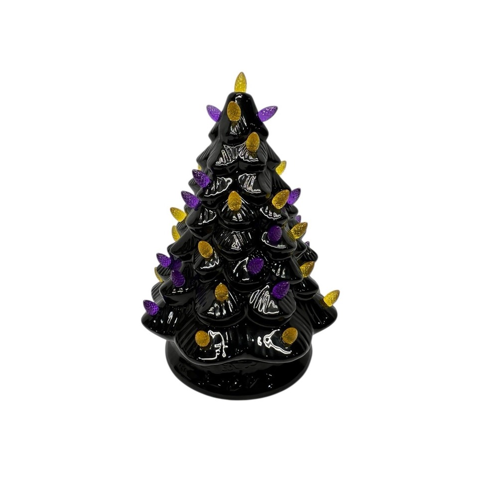 Halloween Ceramic Tree Haunted Black 9.5" Lighted Purple Yellow Black Christmas